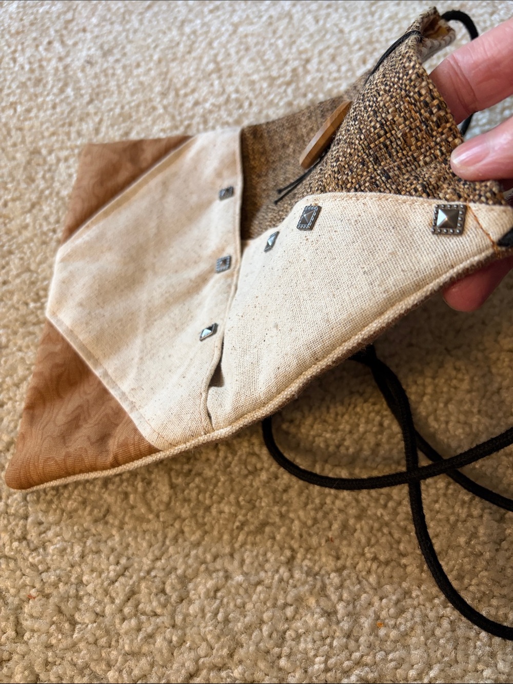 Handmade Boho Patchwork Crossbody Bag in Brown and Cream Tones with Studs - New - Picture 6 of 15